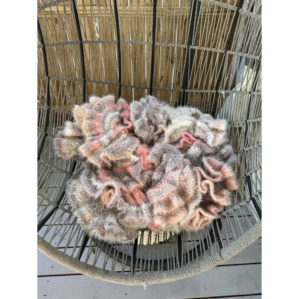 Hand Made LONG Curly Crochet CORKSCREW Throw Blanket FUZZY Grey Beige Pink